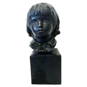 AMR Spadem Stone Sculpture Black Bust of Child on Stone Base